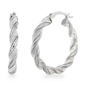 Stunning Rhodium Over Sterling Silver Twisted Stardust Hoop Earrings Pair 3.30g